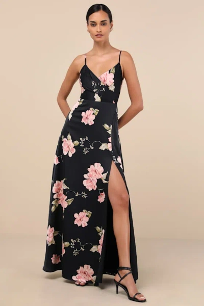 Lulus Radiant Occasion Black Floral Satin A-line Maxi Dress