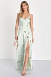 Lulus Radiant Occasion Light Green Floral Satin A-line Maxi Dress In Green