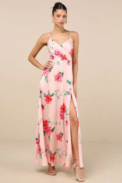 Lulus Radiant Occasion Light Pink Floral Satin A-line Maxi Dress
