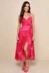 Lulus Radiant Perfection Hot Pink Floral Print Wrap Midi Dress In Hot Pink