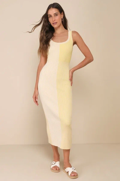 Lulus Radiant Personality Yellow Color Block Ribbed Knit Midi Dress