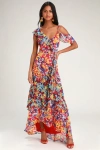 Lulus Radiant Ruby Red Floral Print Chiffon Maxi Dress In Red
