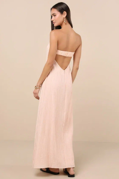 Lulus Radiant Season Peach Pink Plisse Cutout Strapless Maxi Dress