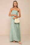 Lulus Radiant Season Sage Green Plisse Cutout Strapless Maxi Dress In Sage Green