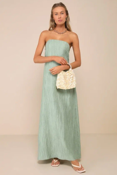 Lulus Radiant Season Sage Green Plisse Cutout Strapless Maxi Dress