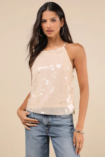 Lulus Radiantly Demure Cream Paillette Sequin Backless Tank Top In White