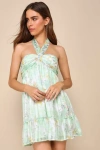 LULUS RADIANTLY SWEET LIGHT GREEN AND WHITE FLORAL HALTER MINI DRESS