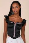 Lulus Radiating Elegance Black Crinkle Satin Flutter Sleeve Top In Black