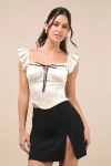 Lulus Radiating Elegance Champagne Crinkle Satin Flutter Sleeve Top In Champagne