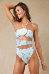 Lulus Raeni Mint Blue Floral Cutout Halter Rosette One-piece Swimsuit In Mint Blue