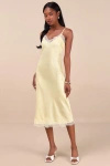 Lulus Raenne Light Yellow Crinkle Satin Lace Midi Slip Dress In Light Yellow