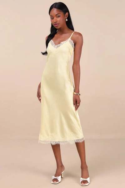 Lulus Raenne Light Yellow Crinkle Satin Lace Midi Slip Dress