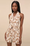 Lulus Railee Ivory And Brown Floral Pull-on Shorts In Pattern