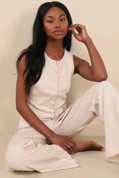 Lulus Raney Heather Beige Ribbed Knit Button-up Tank Top