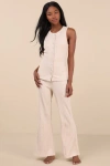 Lulus Raney Heather Beige Ribbed Knit Flare Lounge Pants In Beige