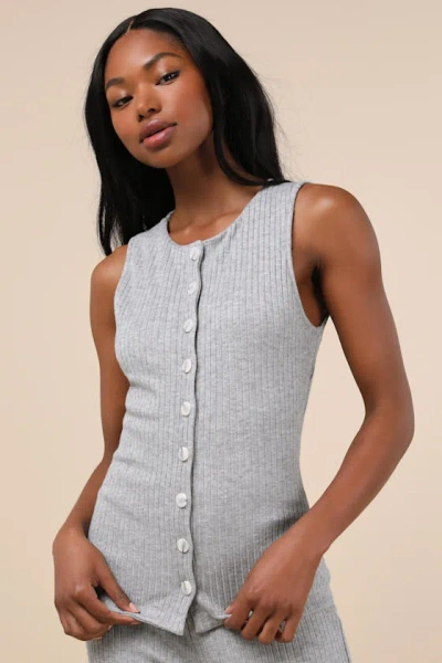 Lulus Raney Heather Grey Ribbed Knit Button-up Tank Top