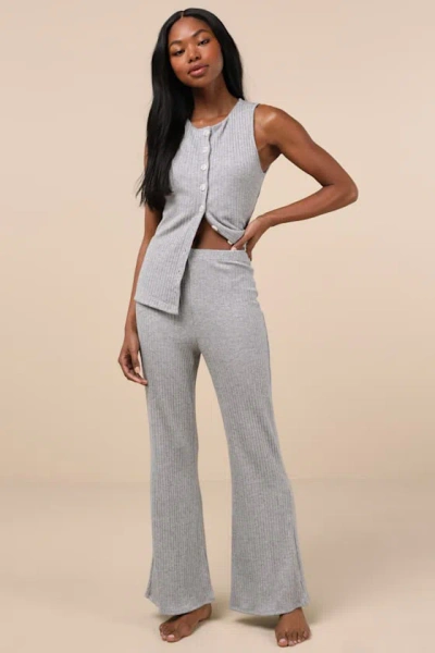 Lulus Raney Heather Grey Ribbed Knit Flare Lounge Pants