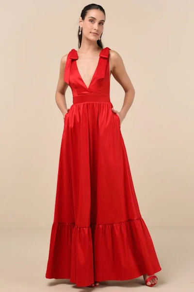 Lulus Rare Charm Red Taffeta Tie-strap Maxi Dress With Pockets