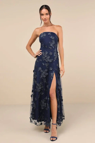 Lulus Rare Presence Navy Blue 3d Floral Embroidered Maxi Dress