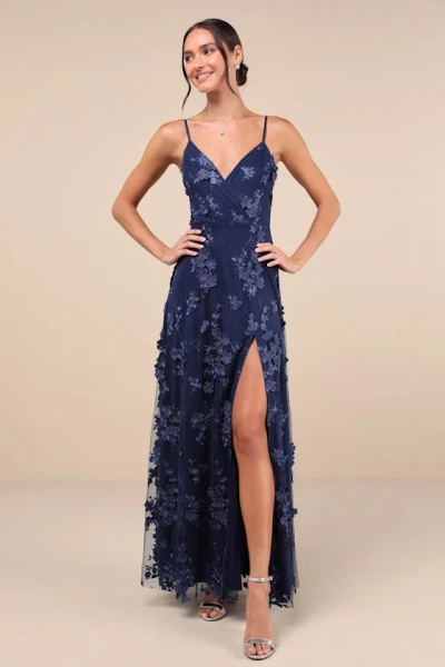 Lulus Rare Presence Navy Blue 3d Floral Surplice Maxi Dress