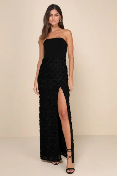 Lulus Ravishing Appeal Black 3d Floral Applique Strapless Maxi Dress