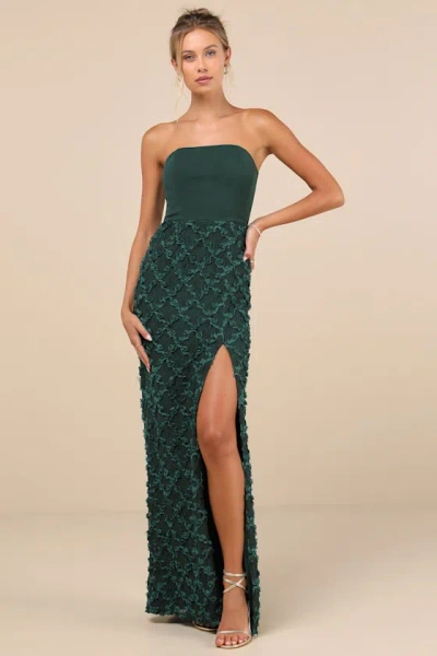 Lulus Ravishing Appeal Emerald 3d Floral Applique Strapless Maxi Dress In Green