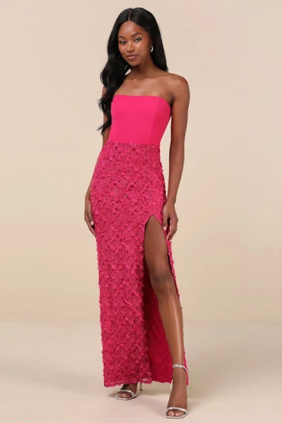 Lulus Ravishing Appeal Fuchsia 3d Floral Applique Strapless Maxi Dress