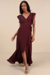 Lulus Ravishing Charm Burgundy Ruffled Wrap High-low Maxi Dress In Burgundy