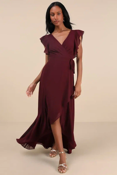 Lulus Ravishing Charm Burgundy Ruffled Wrap High-low Maxi Dress