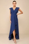 Lulus Ravishing Charm Dark Blue Ruffled Wrap High-low Maxi Dress In Dark Blue