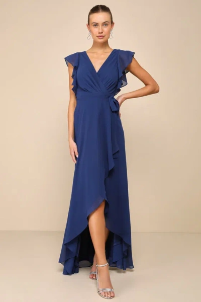 Lulus Ravishing Charm Dark Blue Ruffled Wrap High-low Maxi Dress