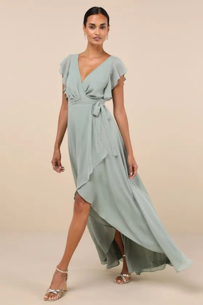 Lulus Ravishing Charm Sage Brush Ruffled Wrap High-low Maxi Dress In Green