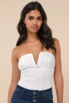 Lulus Ravishing Outcome Ivory Lace Notched Strapless Bodysuit In Ivory
