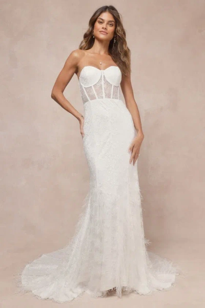 Lulus Ravishing Romance White Embroidered Feather Bustier Maxi Dress