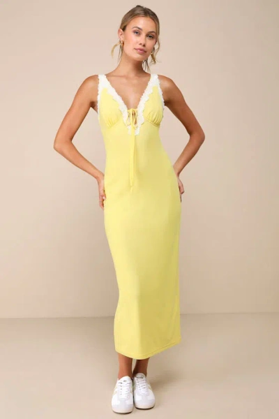 Lulus Ray Of Charm Yellow Mesh Lace Sleeveless Midi Dress