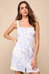 LULUS READY TO FLIRT BLUE FLORAL EMBOSSED BUTTON-FRONT MINI DRESS
