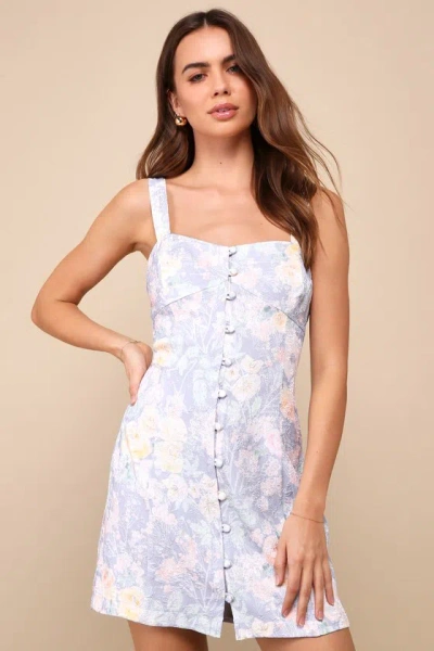 Lulus Ready To Flirt Blue Floral Embossed Button-front Mini Dress