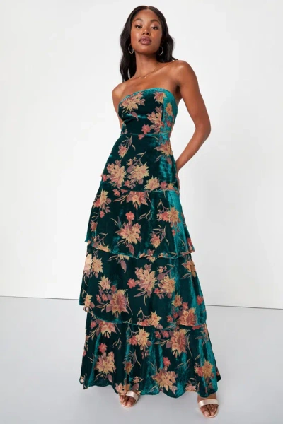 Lulus Real Allure Emerald Floral Burnout Velvet Strapless Maxi Dress In Green
