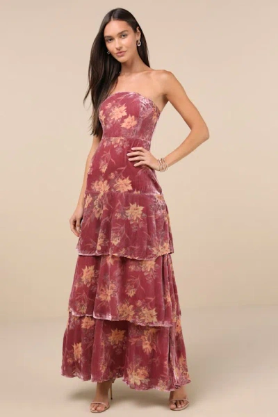 Lulus Real Allure Rose Pink Floral Burnout Velvet Strapless Maxi Dress