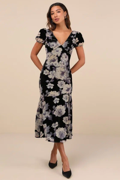 Lulus Real Lovely Black Floral Burnout Velvet Midi Dress