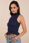 Lulus Rebekka Dark Navy Smocked Mock Neck Peplum Sleeveless Top In Navy