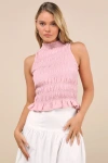 Lulus Rebekka Pink Smocked Mock Neck Peplum Sleeveless Top In Pink
