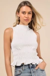 Lulus Rebekka White Smocked Mock Neck Peplum Sleeveless Top In White