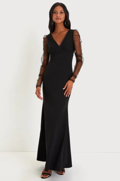 Lulus Red Carpet Energy Black Tulle Long Sleeve Mermaid Maxi Dress