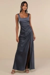 Lulus Red Carpet Romance Dark Grey Satin Square Neck Maxi Dress In Dark Grey