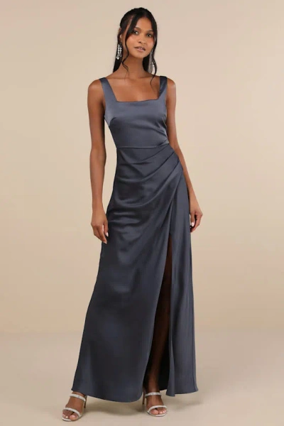 Lulus Red Carpet Romance Dark Grey Satin Square Neck Maxi Dress