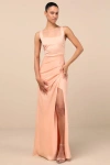 Lulus Red Carpet Romance Peach Satin Square Neck Maxi Dress In Peach