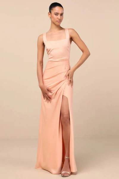 Lulus Red Carpet Romance Peach Satin Square Neck Maxi Dress