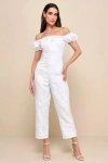 LULUS REDEFINED CLASS WHITE FLORAL JACQUARD OFF-THE-SHOULDER JUMPSUIT
