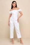 Lulus Redefined Class White Floral Jacquard Off-the-shoulder Jumpsuit In White